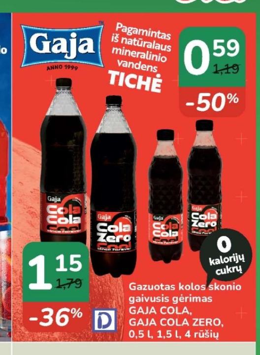 Gazuotas kolos skonio gaivusis gėrimas GAJA COLA, GAJA COLA ZERO, 0.5 l
