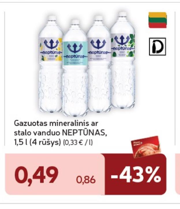 Gazuotas mineralinis ar stalo vanduo NEPTŪNAS, 1.5 l