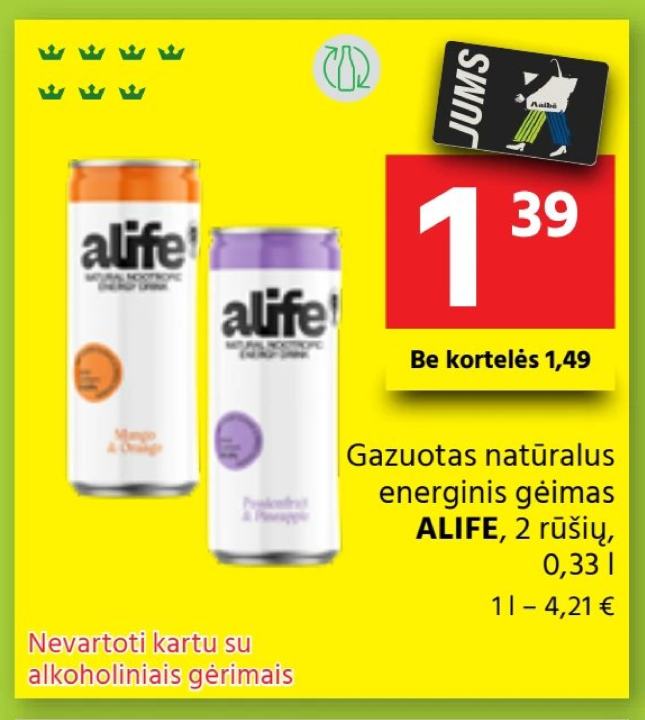 Gazuotas natūralus energinis gėrimas ALIFE, 0.33 l