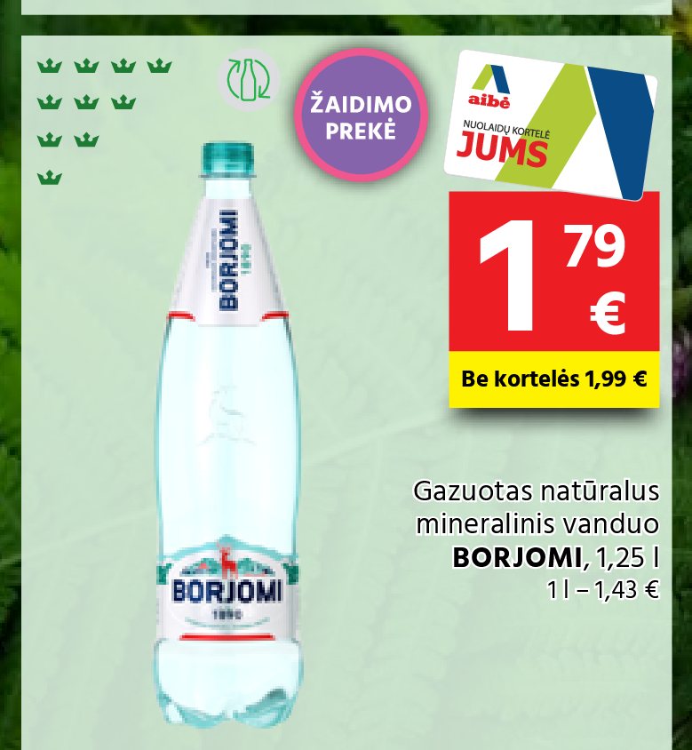 Gazuotas natūralus mineralinis vanduo BORJOMI, 1.25 l