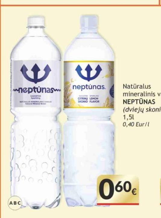 Gazuotas natūralus mineralinis vanduo citrinos skonio NEPTŪNAS, 0.5 l