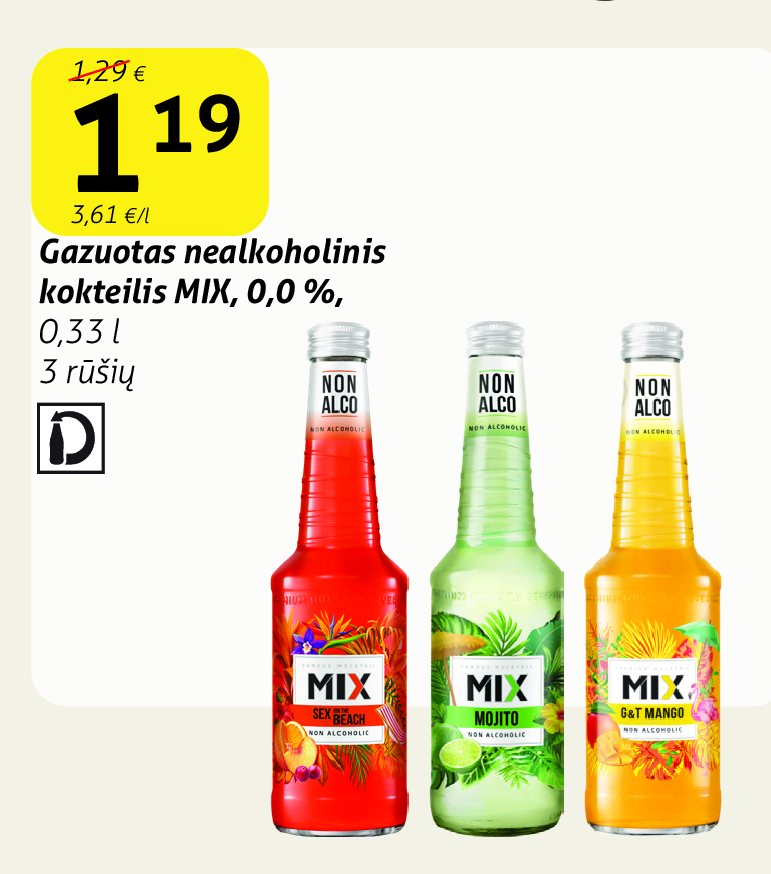 Gazuotas nealkoholinis kokteilis MIX, 0.33 l