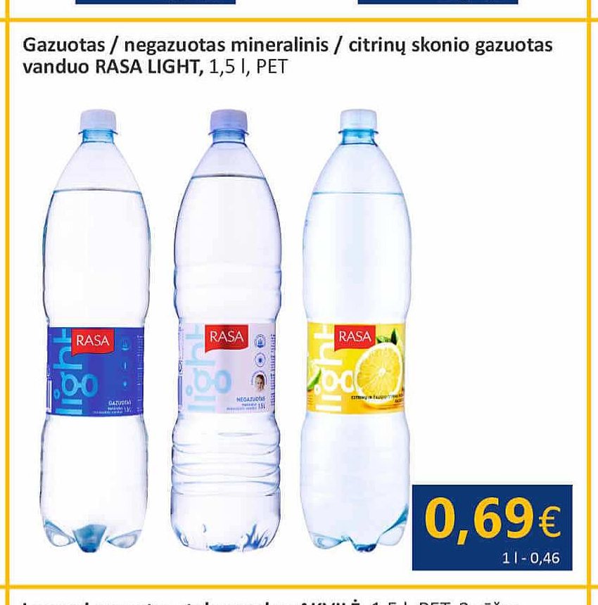 Gazuotas / negazuotas mineralinis / citrinų skonio gazuotas vanduo RASA LIGHT, 1.5 l