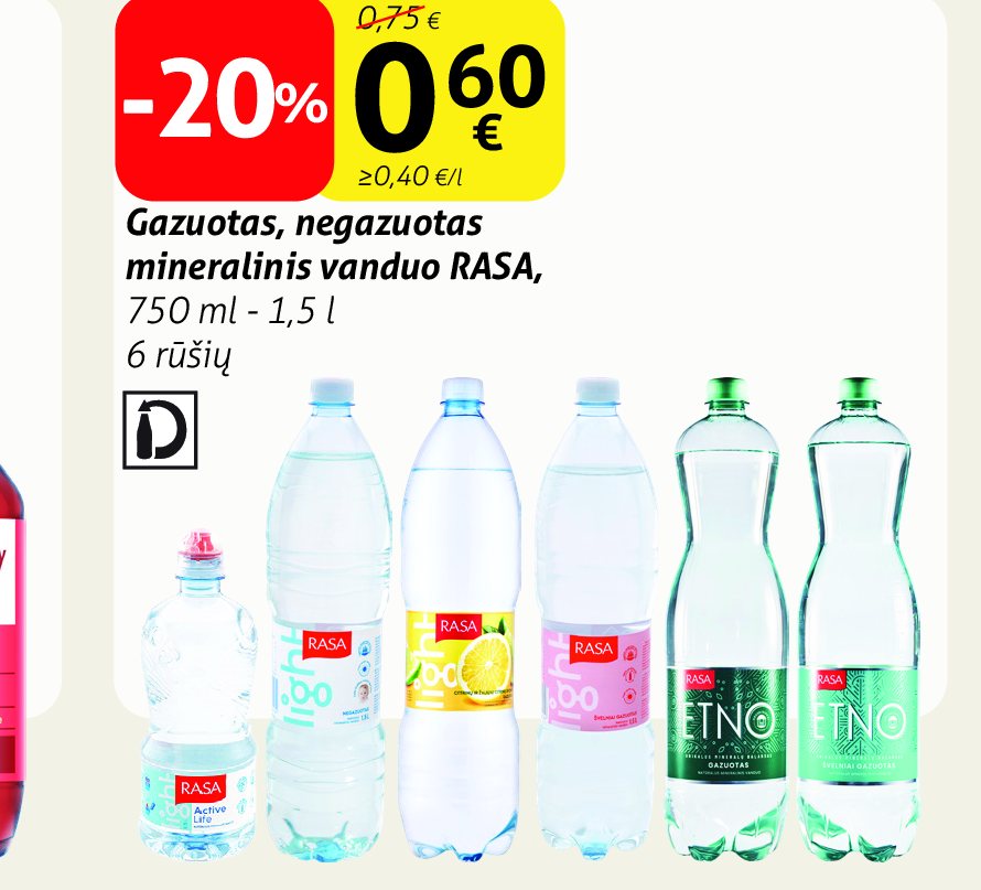 Gazuotas, negazuotas mineralinis vanduo RASA, 750 ml - 1.5 l