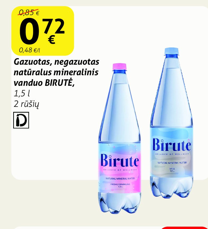 Gazuotas, negazuotas natūralus mineralinis vanduo BIRUTĖ, 1.5 l
