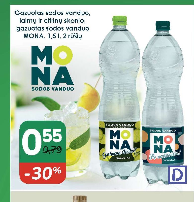Gazuotas sodos vanduo, laimų ir citrinų skonio, gazuotas sodos vanduo MONA, 1.5 l