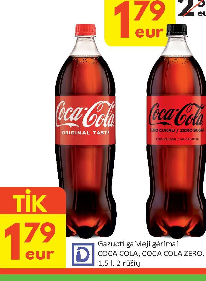 Gazuoti gaivieji gėrimai COCA COLA, COCA COLA ZERO, 1.5 l
