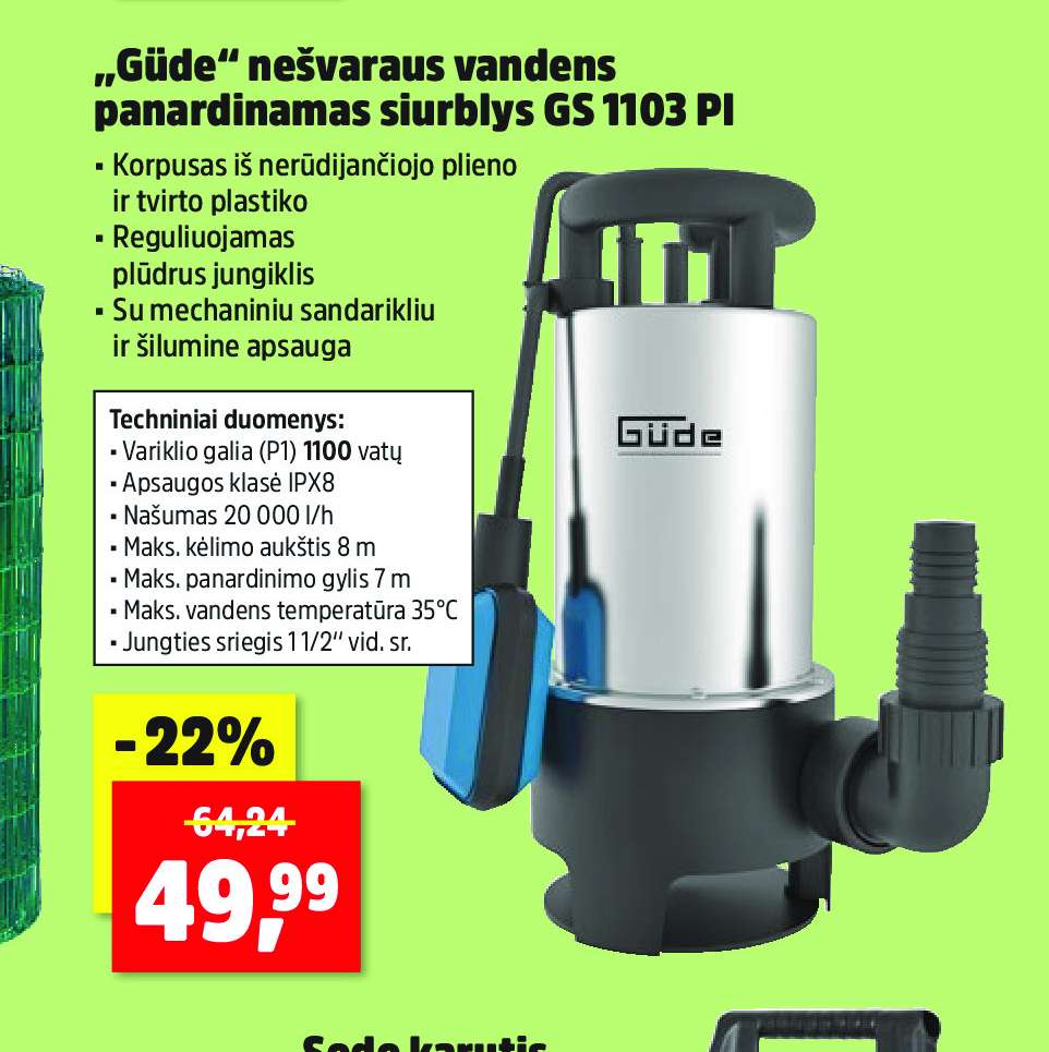 „Güde“ nešvaraus vandens panardinamas siurblys GS 1103 PI, 000 l