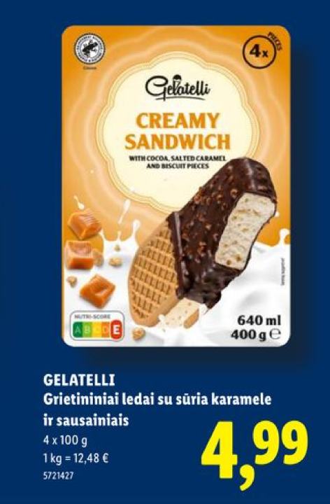 GELATELLI Grietininiai ledai su sūria karamele ir sausainiais, 4 x 100 g