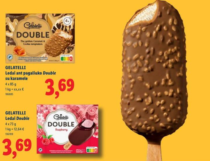 GELATELLI Ledai ant pagaliuko Double su karamele, 4 x 85 g