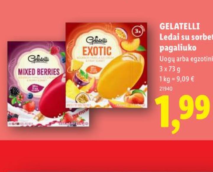 GELATELLI Ledai su sorbetu ant pagaliuko, 3 x 73 g