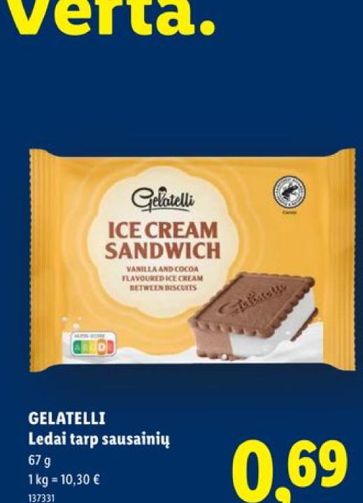 GELATELLI Ledai tarp sausainių, 67 g