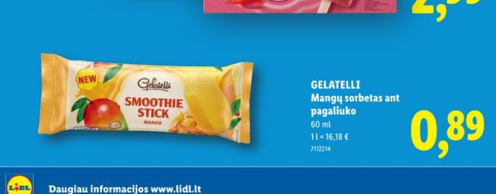 GELATELLI Mangų sorbetas ant pagaliuko, 60 ml