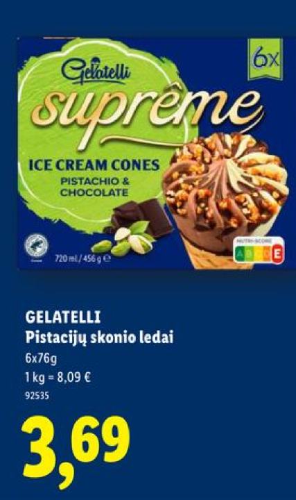 GELATELLI Pistacijų skonio ledai, 6 x 76 g