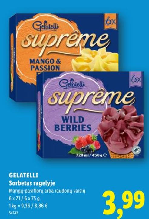 GELATELLI Sorbetas ragelyje, 6 x 75 g