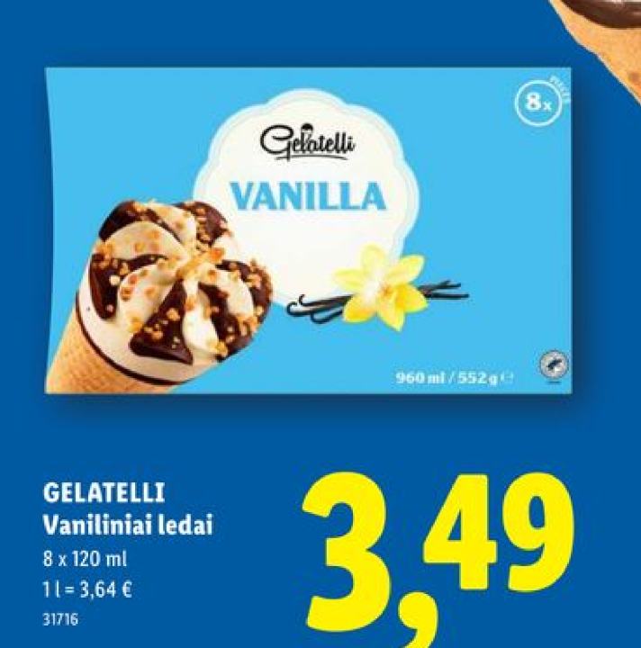 GELATELLI Vaniliniai ledai, 8 x 120 ml