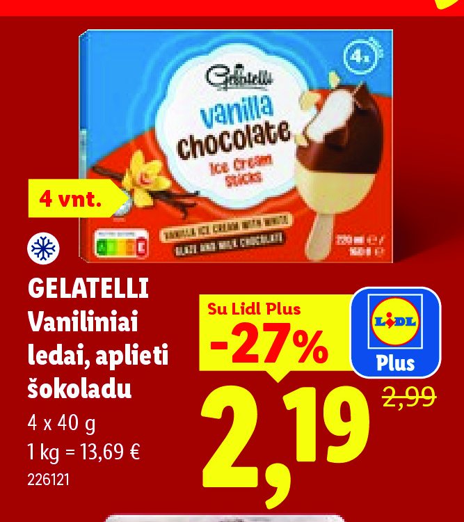 GELATELLI Vaniliniai ledai, aplieti šokoladu, 4 x 40 g