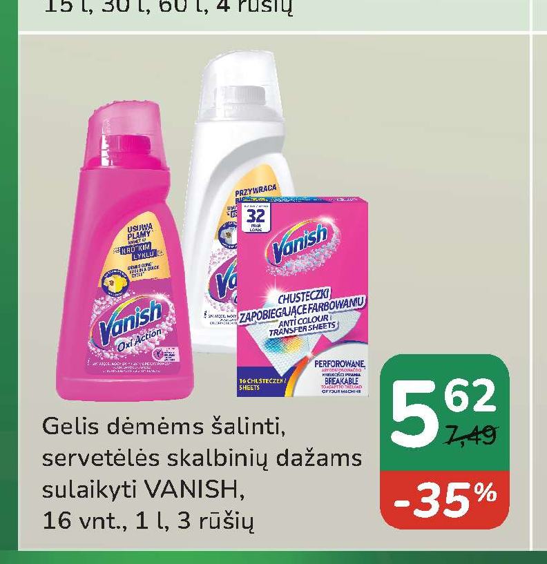 Gelis dėmėms šalinti, servetėlės skalbinių dažams sulaikyti VANISH, 16 vnt