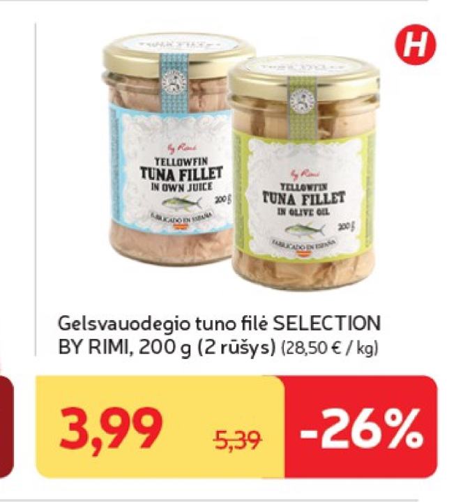 Gelsvauodegio tuno filė SELECTION BY RIMI, 200 g
