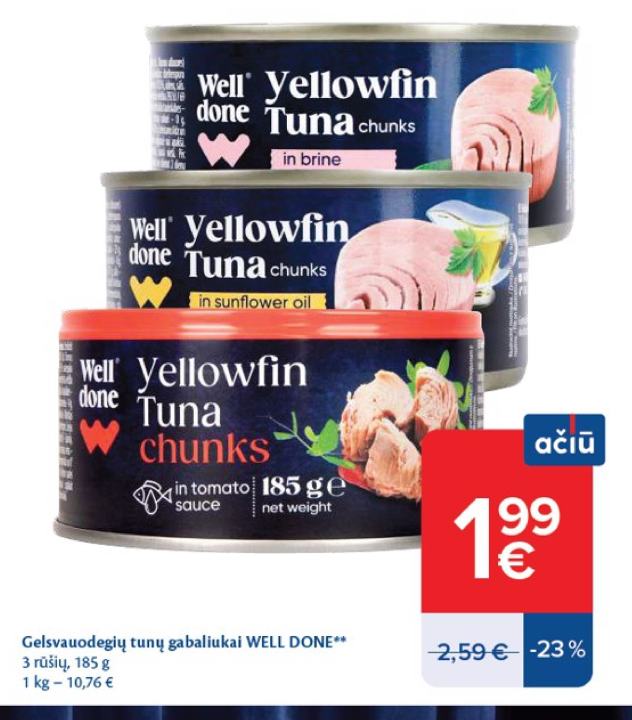 Gelsvauodegių tunų gabaliukai WELL DONE, 185 g