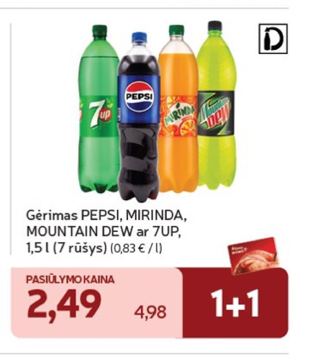 Gėrimas PEPSI, MIRINDA, MOUNTAIN DEW ar 7UP, 1.5 l