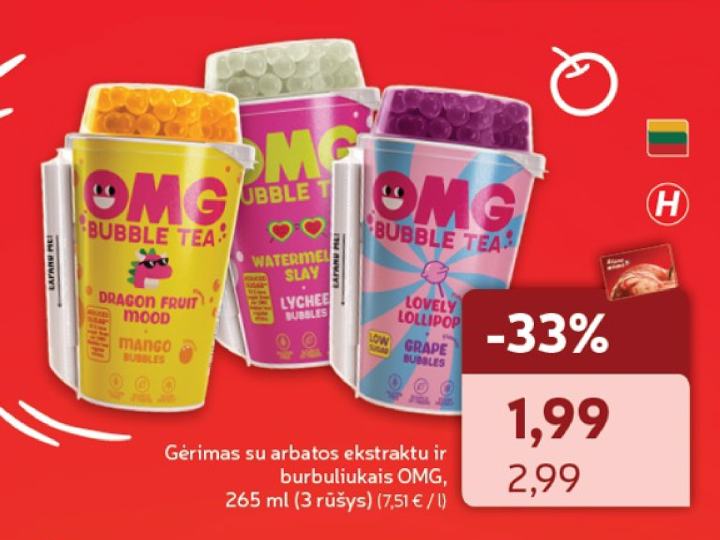 Gėrimas su arbatos ekstraktu ir burbuliukais OMG, 265 ml