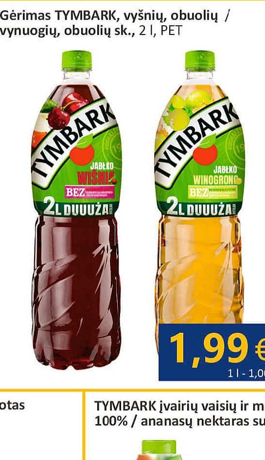Gėrimas TYMBARK, vyšnių, obuolių / vynuogių, obuolių sk., 2 l