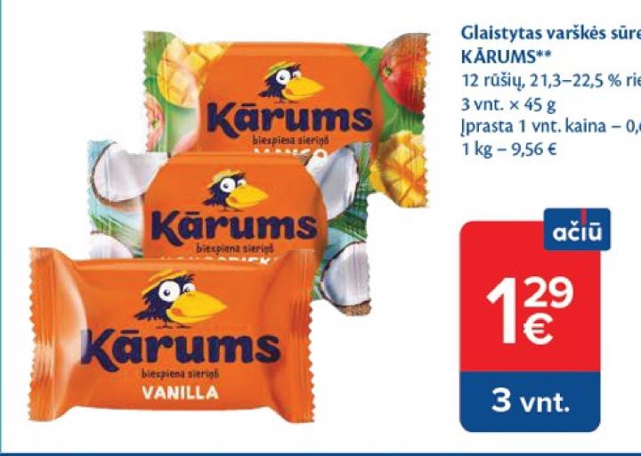 Glaistytas varškės sūrelis KĀRUMS, 3 vnt