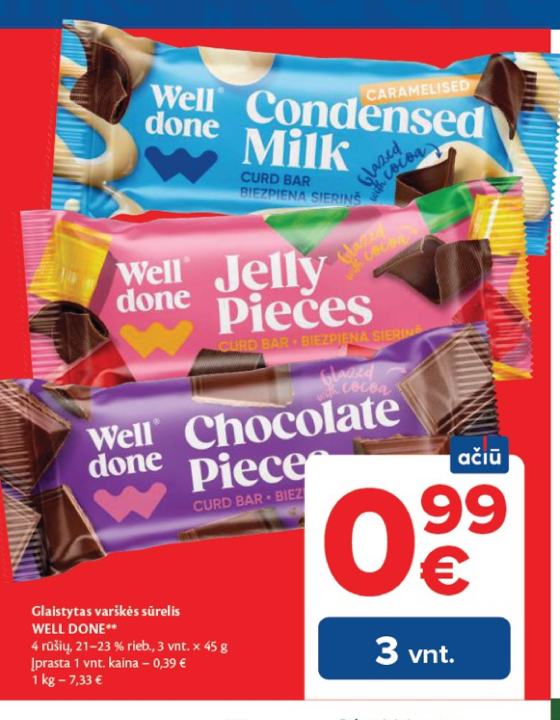 Glaistytas varškės sūrelis WELL DONE, 3 vnt