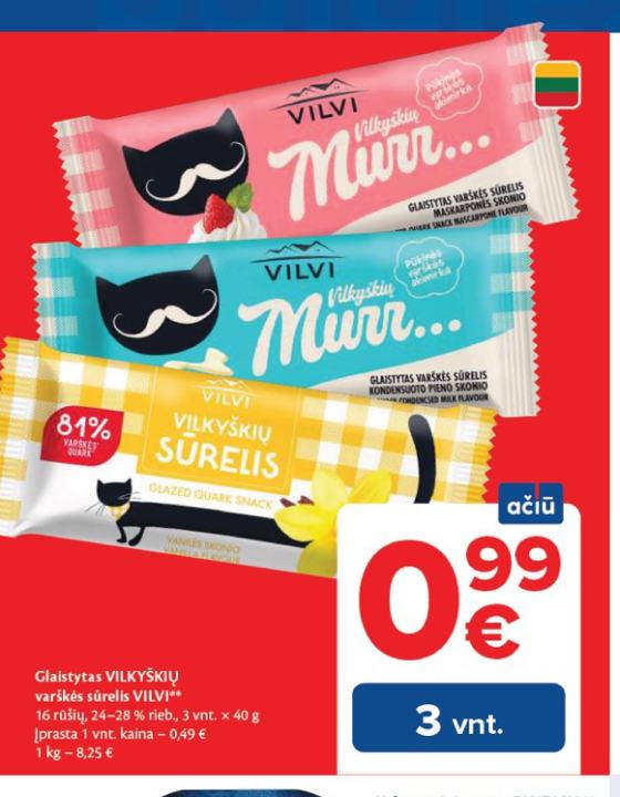 Glaistytas VILKYŠKIŲ varškės sūrelis VILVI, 3 vnt