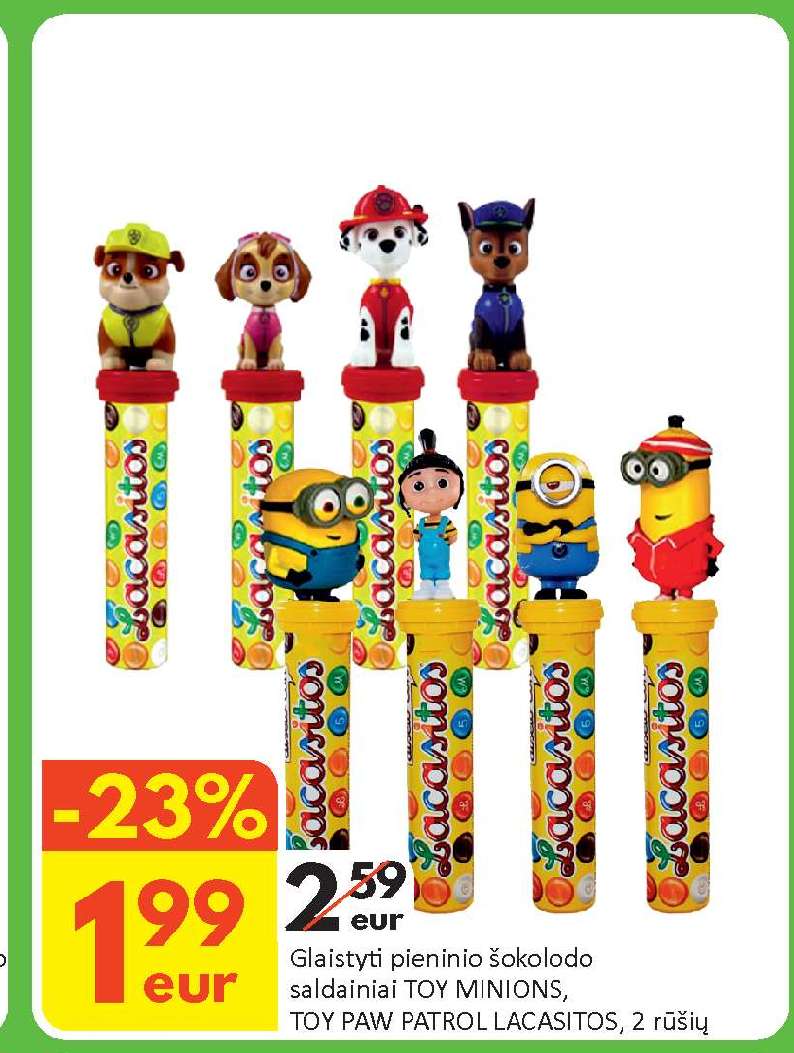 Glaistyti pieninio šokolodo saldainiai TOY MINIONS, TOY PAW PATROL LACASITOS
