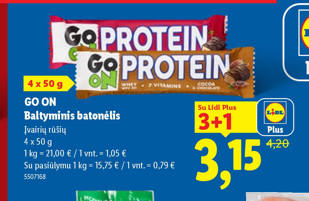 GO ON Baltyminis batonėlis, 4 x 50 g