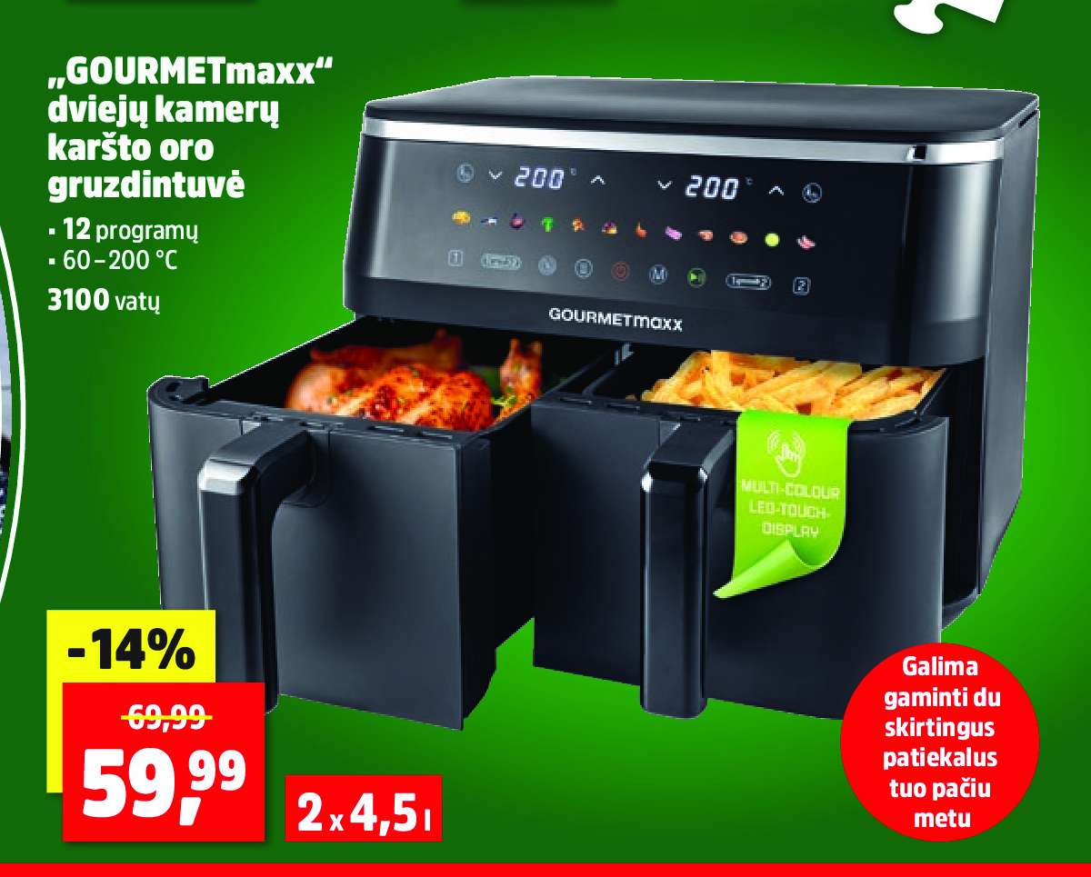 „GOURMETmaxx“ dviejų kamerų karšto oro gruzdintuvė, 2 x 4.5 l