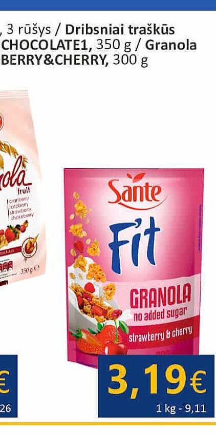 Granola be cukraus SANTE FIT STRAWBERRY&CHERRY, 300 g