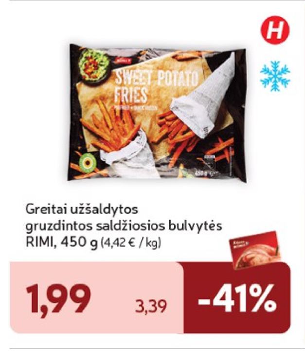 Greitai užšaldytos gruzdintos saldžiosios bulvytės RIMI, 450 g