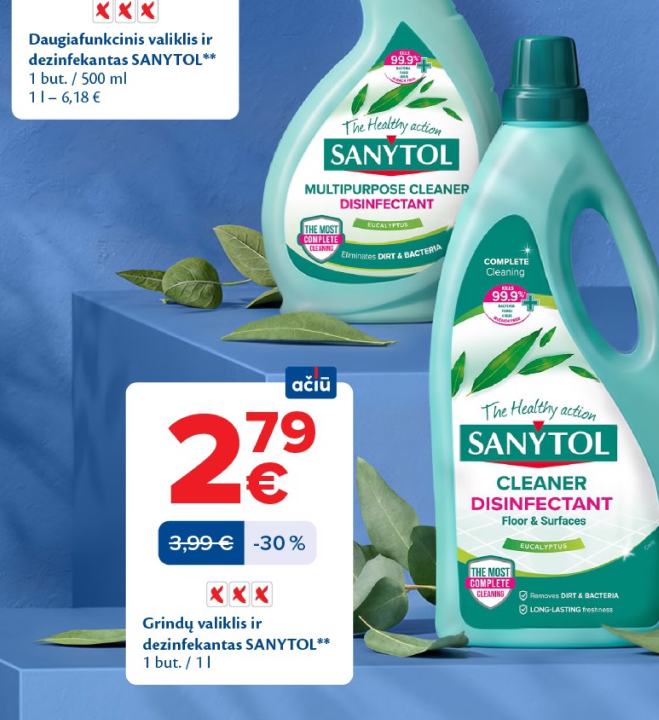 Grindų valiklis ir dezinfekantas SANYTOL, 1 l