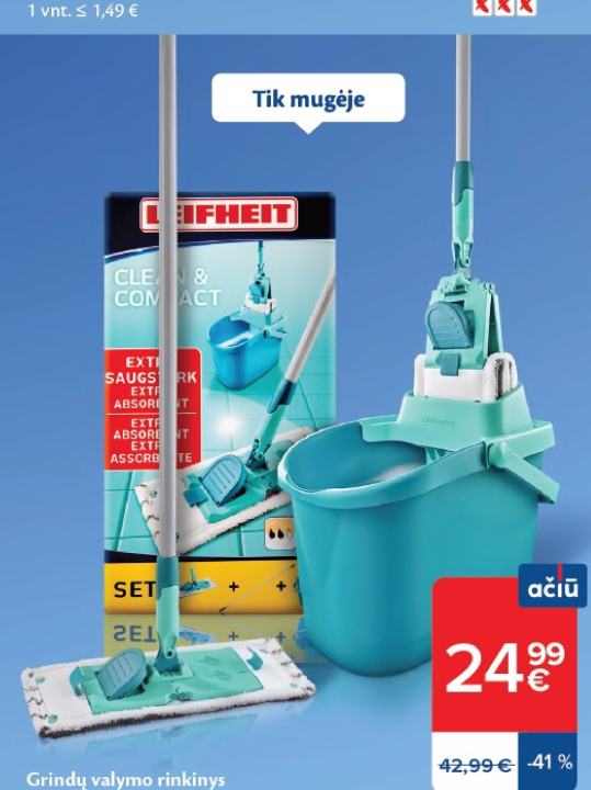 Grindų valymo rinkinys LEIFHEIT CLEAN & COMPACT, 1 rink.