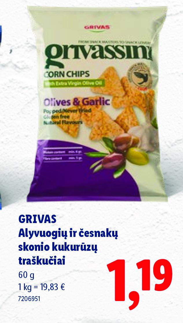 GRIVAS Alyvuogių ir česnakų skonio kukurūzų traškučiai, 60 g