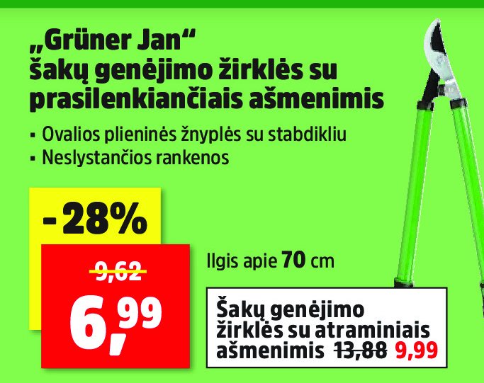 „Grūner Jan“ šakų genėjimo žirklės su prasilenkiančiais ašmenimis, 70 cm