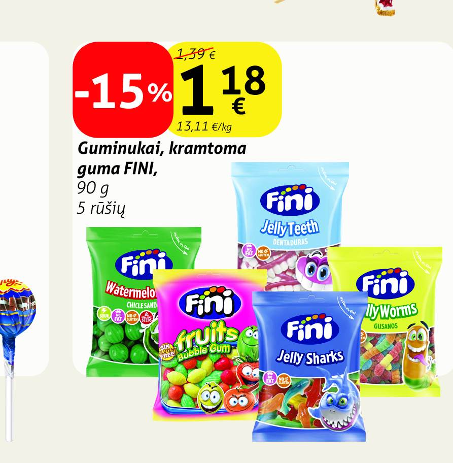Guminukai, kramtoma guma FINI, 90 g