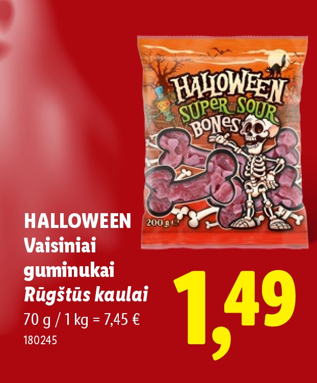 HALLOWEEN Vaisiniai guminukai Rūgštūs kaulai, 70 g