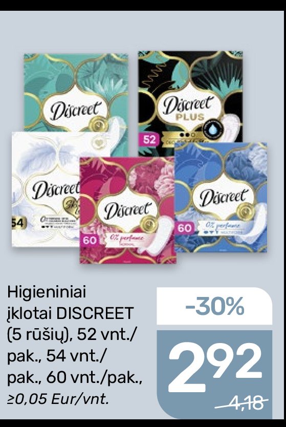 Higieniniai įklotai DISCREET, 52 vnt