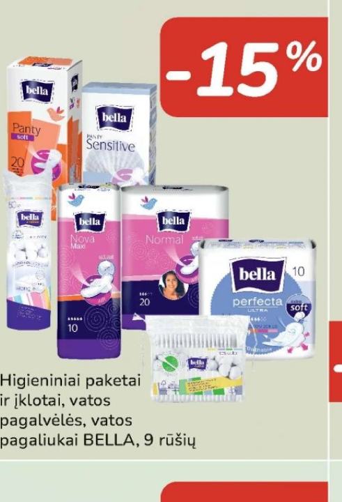 Higieniniai paketai ir įklotai, vatos pagalvėlės, vatos pagaliukai BELLA