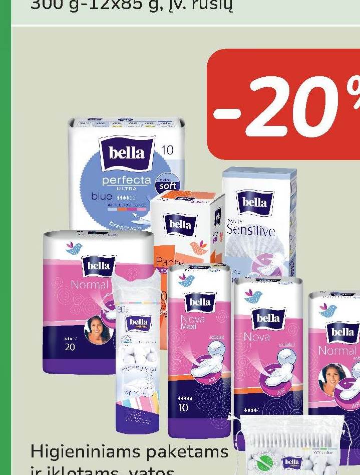 Higieniniams paketams ir įklotams, vatos pagalvėlėms, vatos pagaliukams BELLA