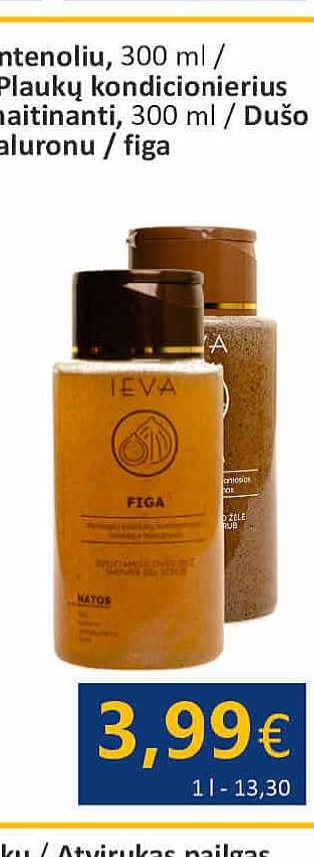 IEVA dušo želė vanila su graikinių riešutų dalelėmis ir hialuronu / figa su alyvuogių kauliukų dalelėmis ir hialuronu, 300 ml