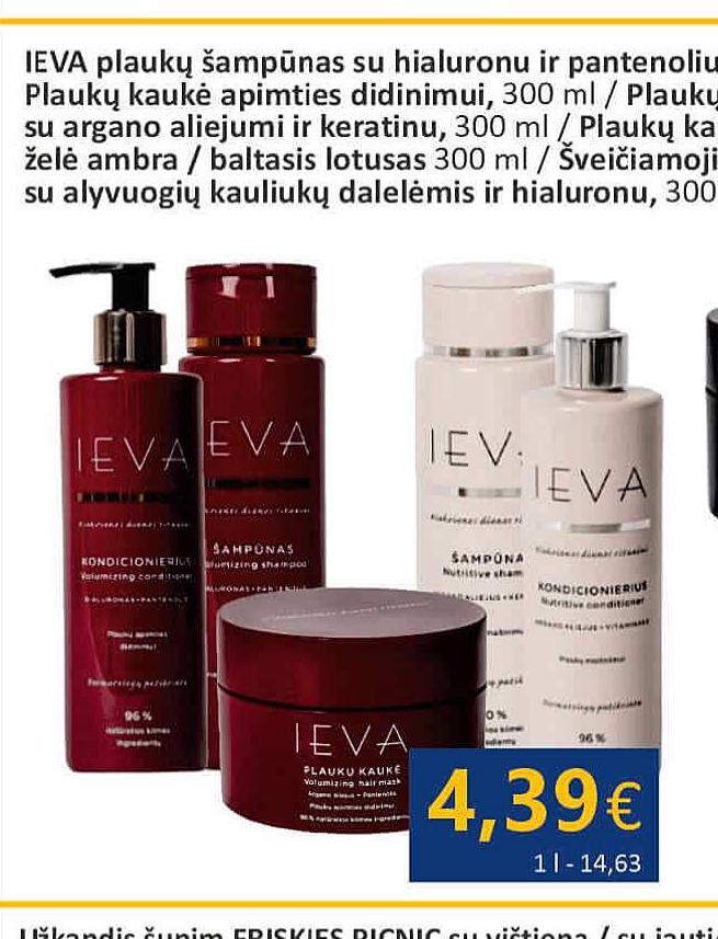 IEVA plaukų šampūnas su hialuronu ir pantenoliu, 300 ml
