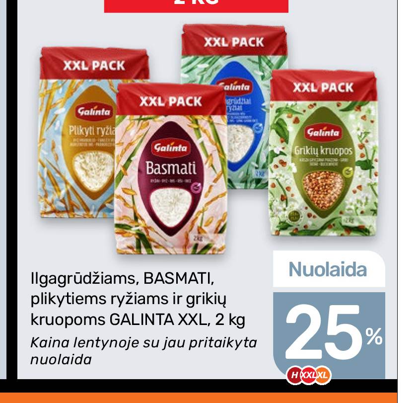 Ilgagrūdžiams, BASMATI, plikytiems ryžiams ir grikių kruopoms GALINTA XXL, 2 kg
