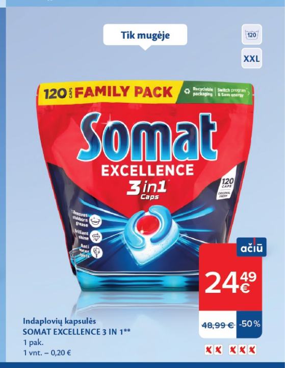 Indaplovių kapsulės SOMAT EXCELLENCE 3 IN 1, 1 pak.