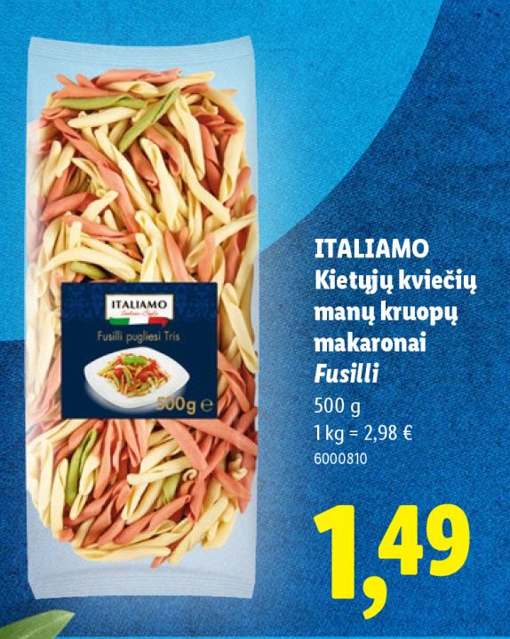 ITALIAMO Kietųjų kviečių manų kruopų makaronai Fusilli, 500 g