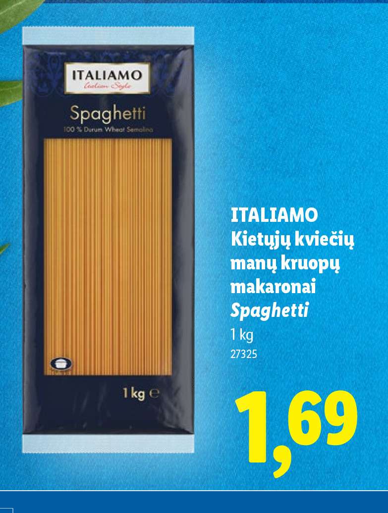 ITALIAMO Kietųjų kviečių manų kruopų makaronai Spaghetti, 1 kg
